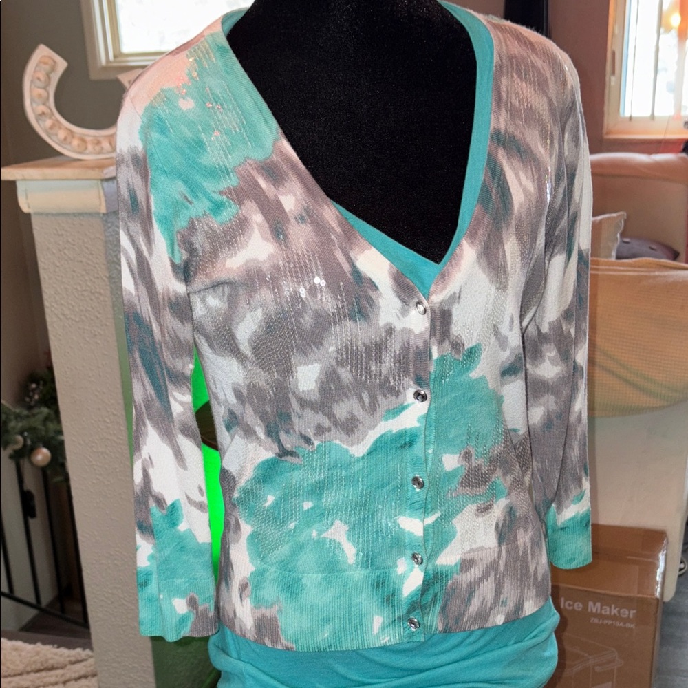 INC International Concepts Teal and Gray Cardigan